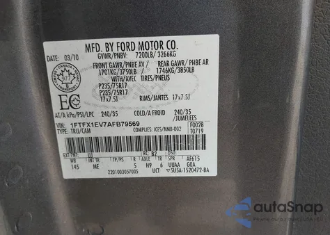 2010 Ford F-150 Fx4/Lariat/Xl/Xlt z USA, uszkodzony, nr VIN 1FTFX1EV7AFB79569